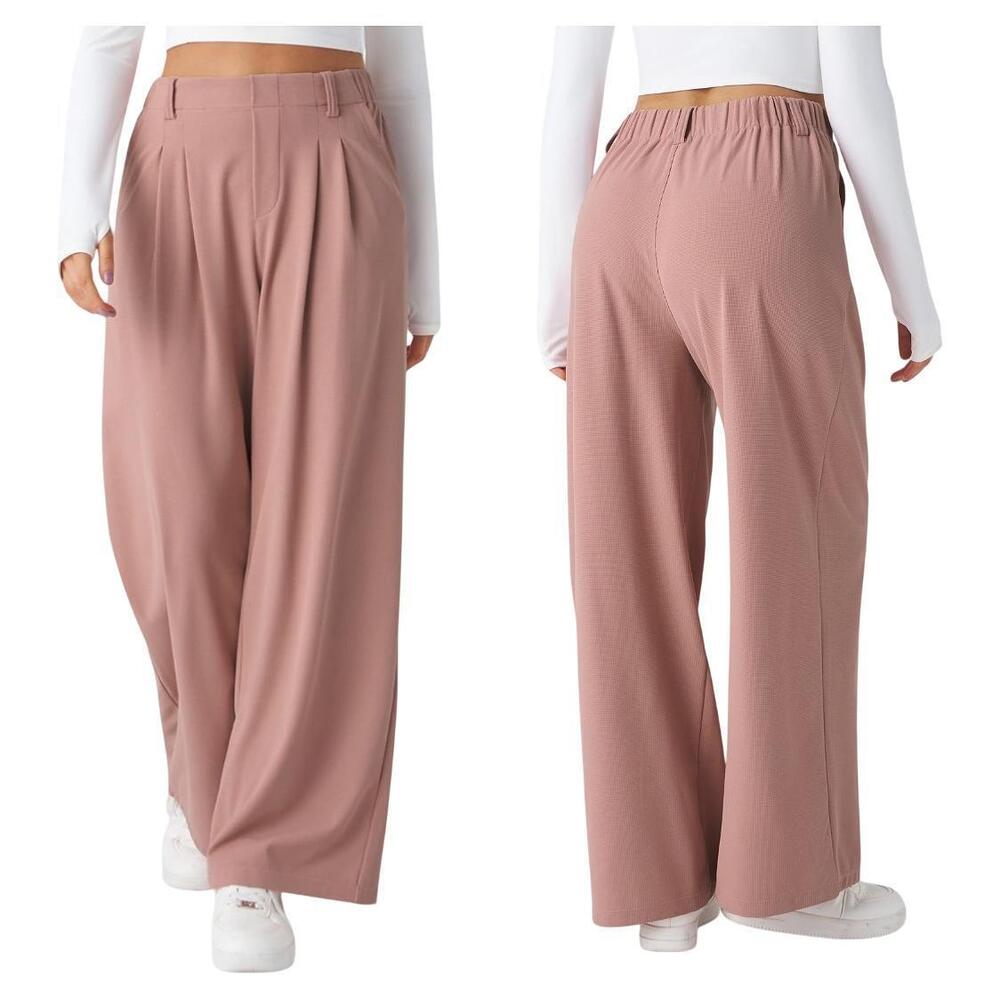 NWT Halara Pants L Petite Pink Flex High Waisted Pocket Wide Leg Waffle Pull On